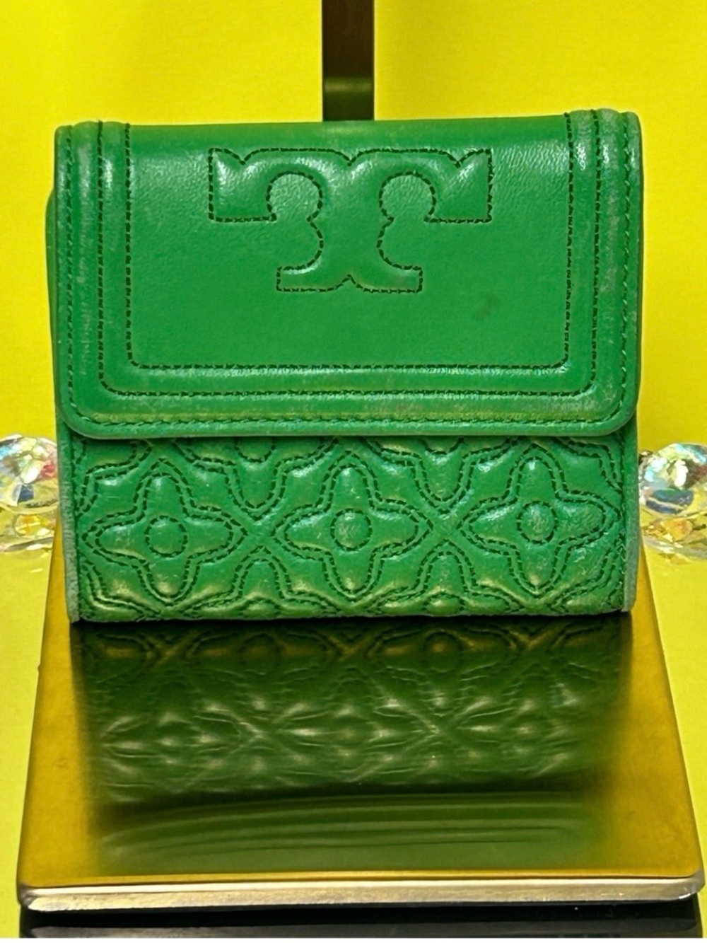 Tory Burch Green Leather Embossed Bifold Wallet